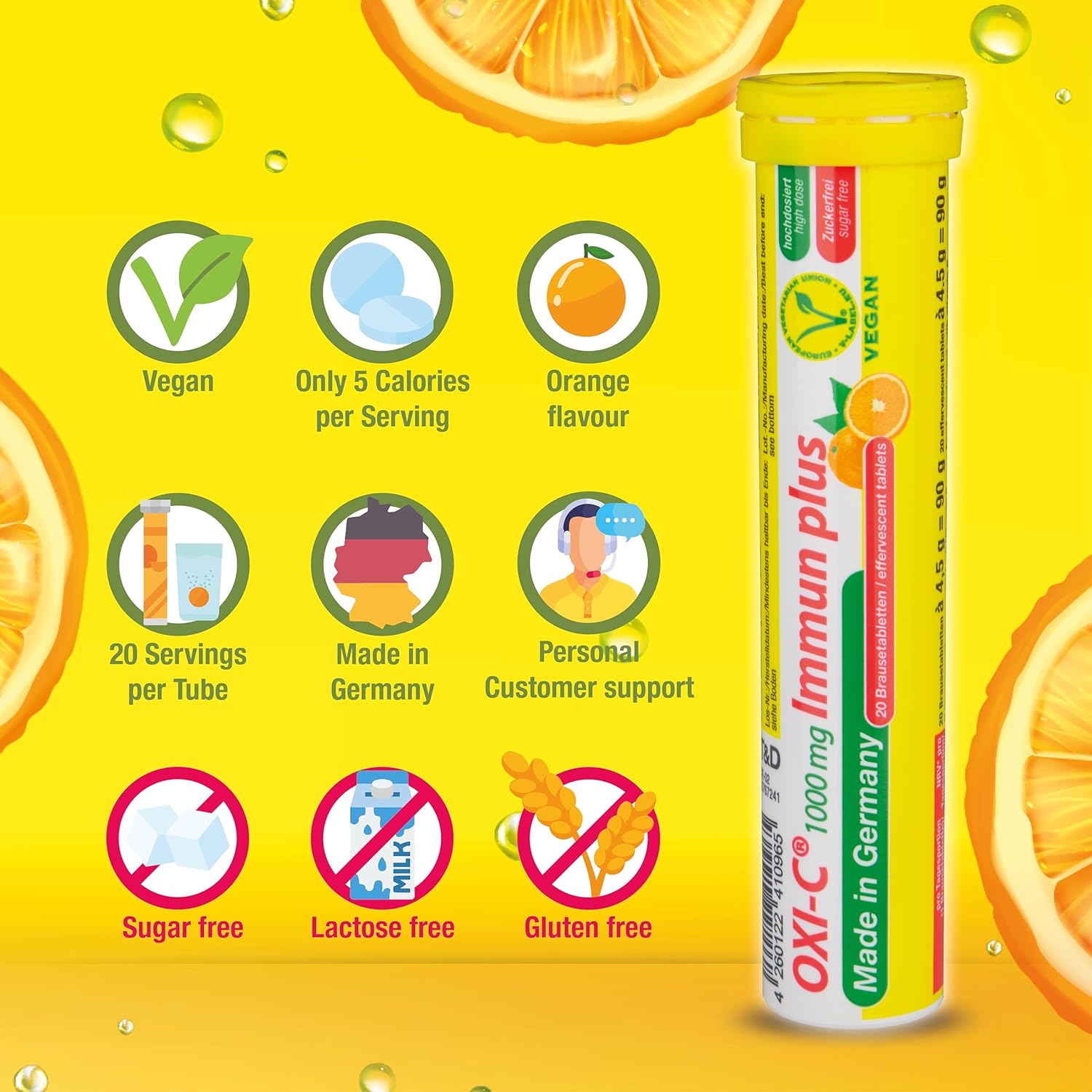 High Strength T&D Oxi C 1000mg Vitamin C Effervescent Tablets - 140 Vegan Orange Flavored Drinks - German Made