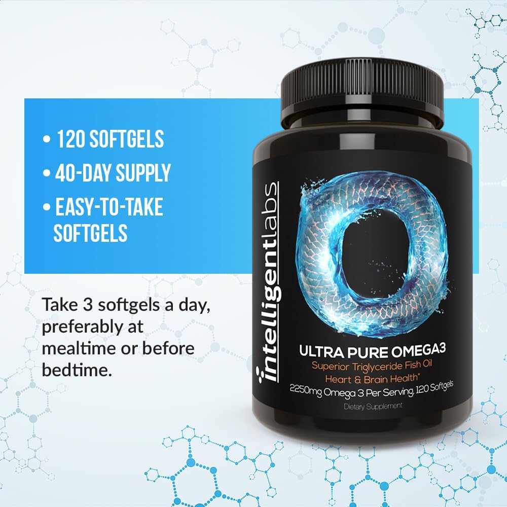 High Strength Triglyceride Omega-3 Fish Oil Capsules | 2250mg per Serving | Burpless | Cardiovascular, Brain, Joint, Eye Support | 120 Softgels