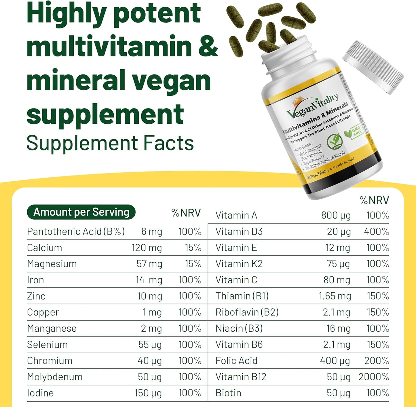 High Strength Vegan Multivitamin Tablets for Women and Men - 180 Tablets, 6 Months Supply - Vitamin B12, D3, K2 - Vitamins for Vegans & Vegetarians