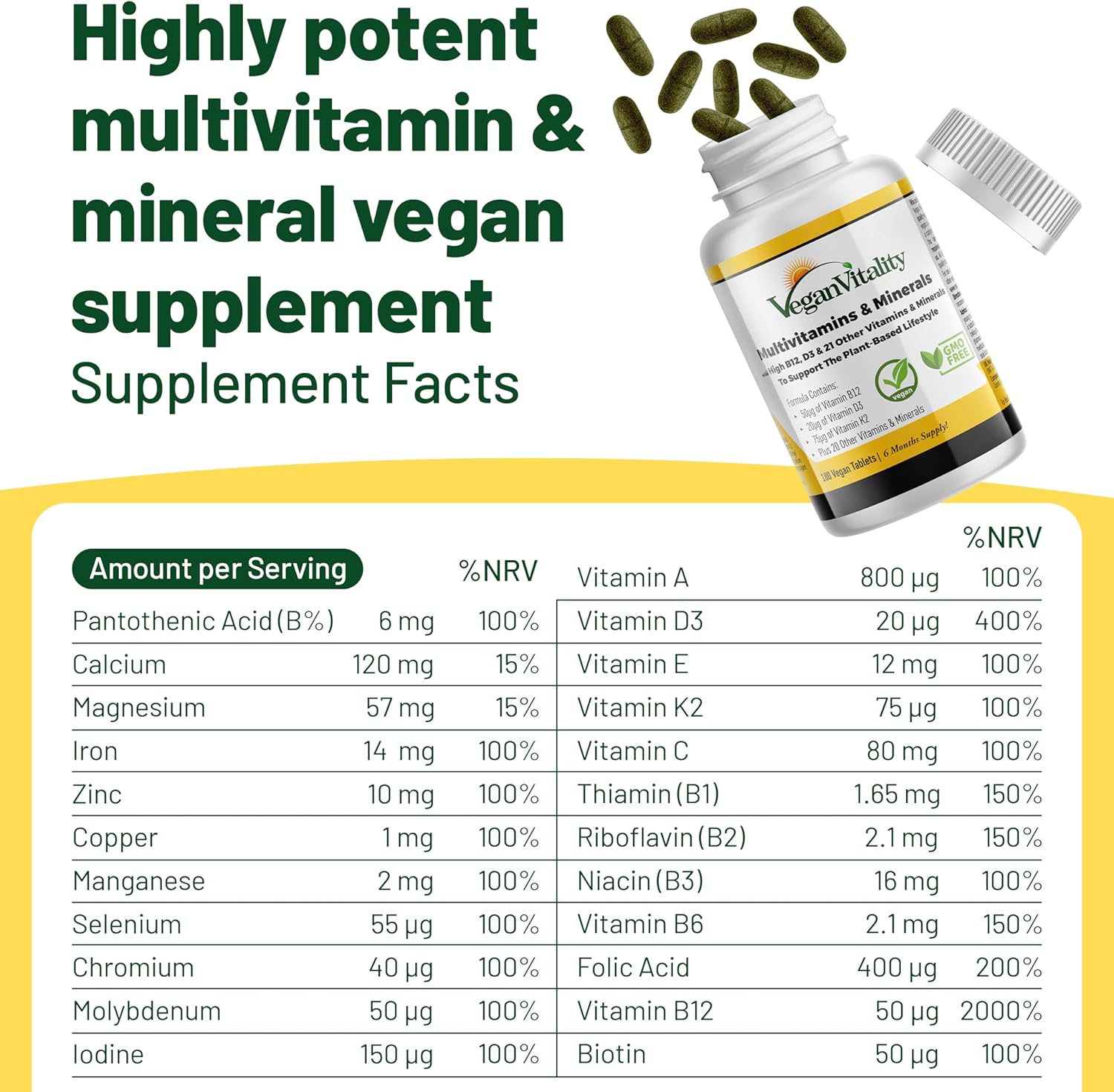 High Strength Vegan Multivitamin Tablets for Women and Men - 180 Tablets, 6 Months Supply - Vitamin B12, D3, K2 - Vitamins for Vegans & Vegetarians
