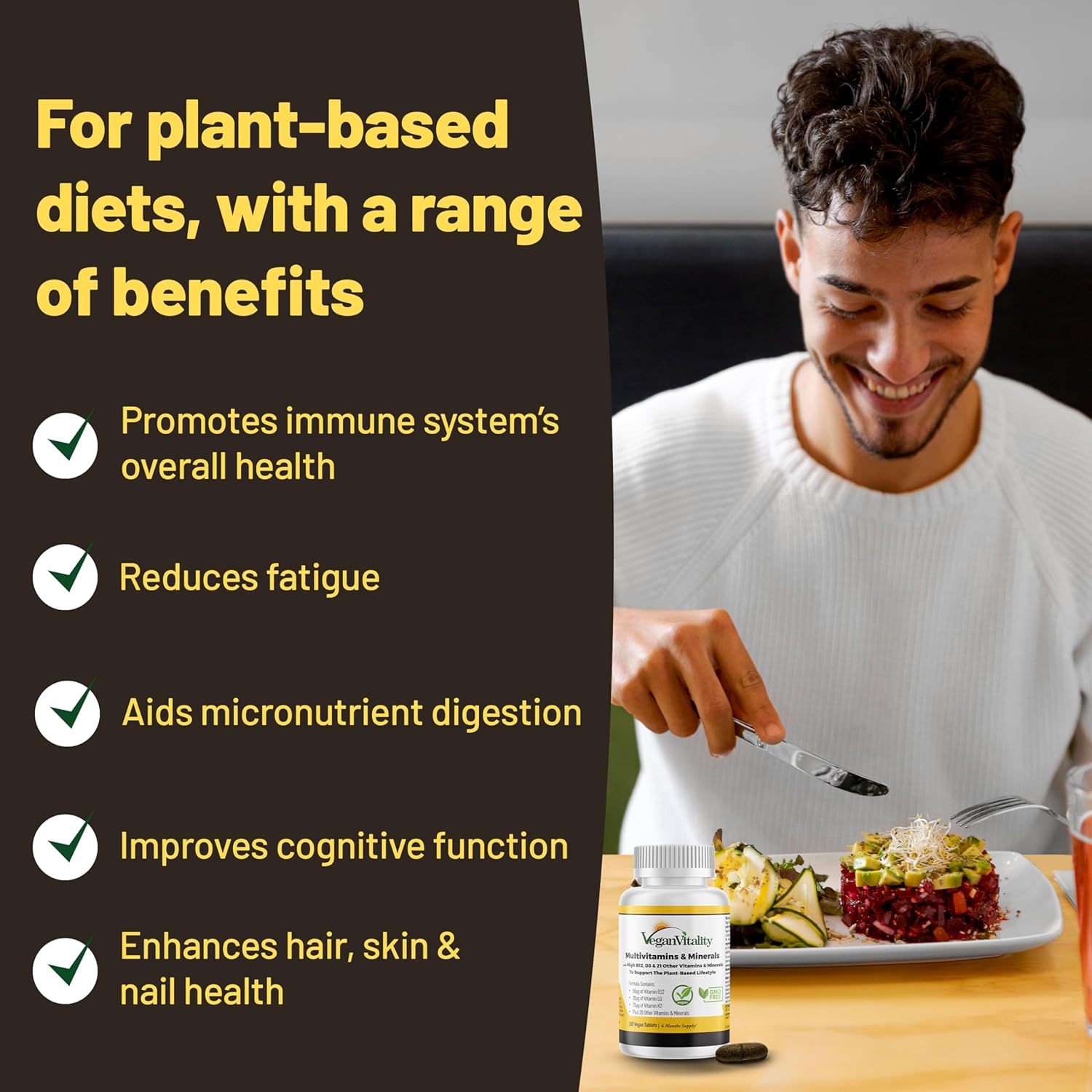High Strength Vegan Multivitamin Tablets for Women and Men - 180 Tablets, 6 Months Supply - Vitamin B12, D3, K2 - Vitamins for Vegans & Vegetarians