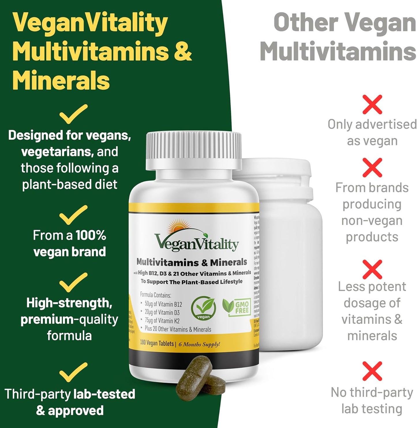 High Strength Vegan Multivitamin Tablets for Women and Men - 180 Tablets, 6 Months Supply - Vitamin B12, D3, K2 - Vitamins for Vegans & Vegetarians