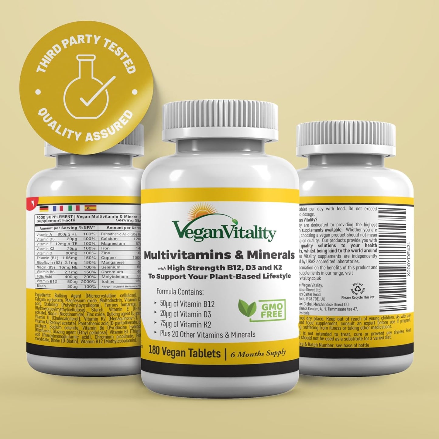 High Strength Vegan Multivitamin Tablets for Women and Men - 180 Tablets, 6 Months Supply - Vitamin B12, D3, K2 - Vitamins for Vegans & Vegetarians