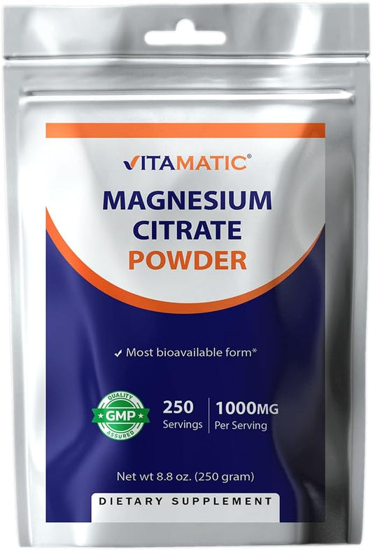 High Strength Vitamatic Magnesium Citrate Powder - 250 Servings, 1000mg Per Serving for Muscle, Joint, and Heart Health - 250g