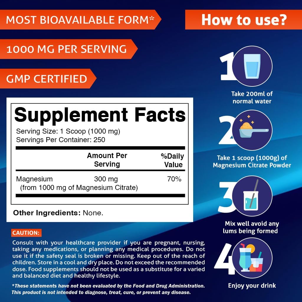 High Strength Vitamatic Magnesium Citrate Powder - 250 Servings, 1000mg Per Serving for Muscle, Joint, and Heart Health - 250g
