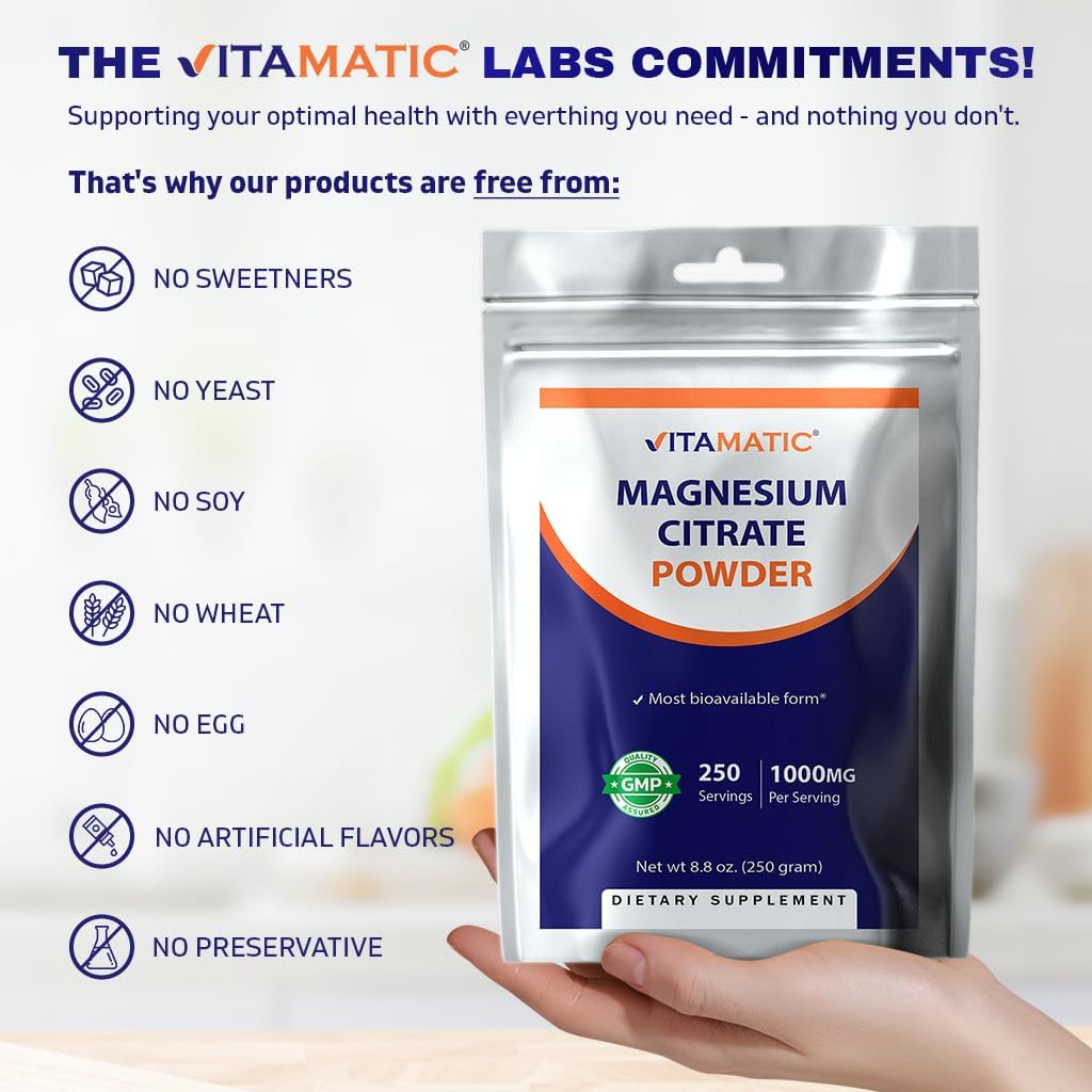 High Strength Vitamatic Magnesium Citrate Powder - 250 Servings, 1000mg Per Serving for Muscle, Joint, and Heart Health - 250g