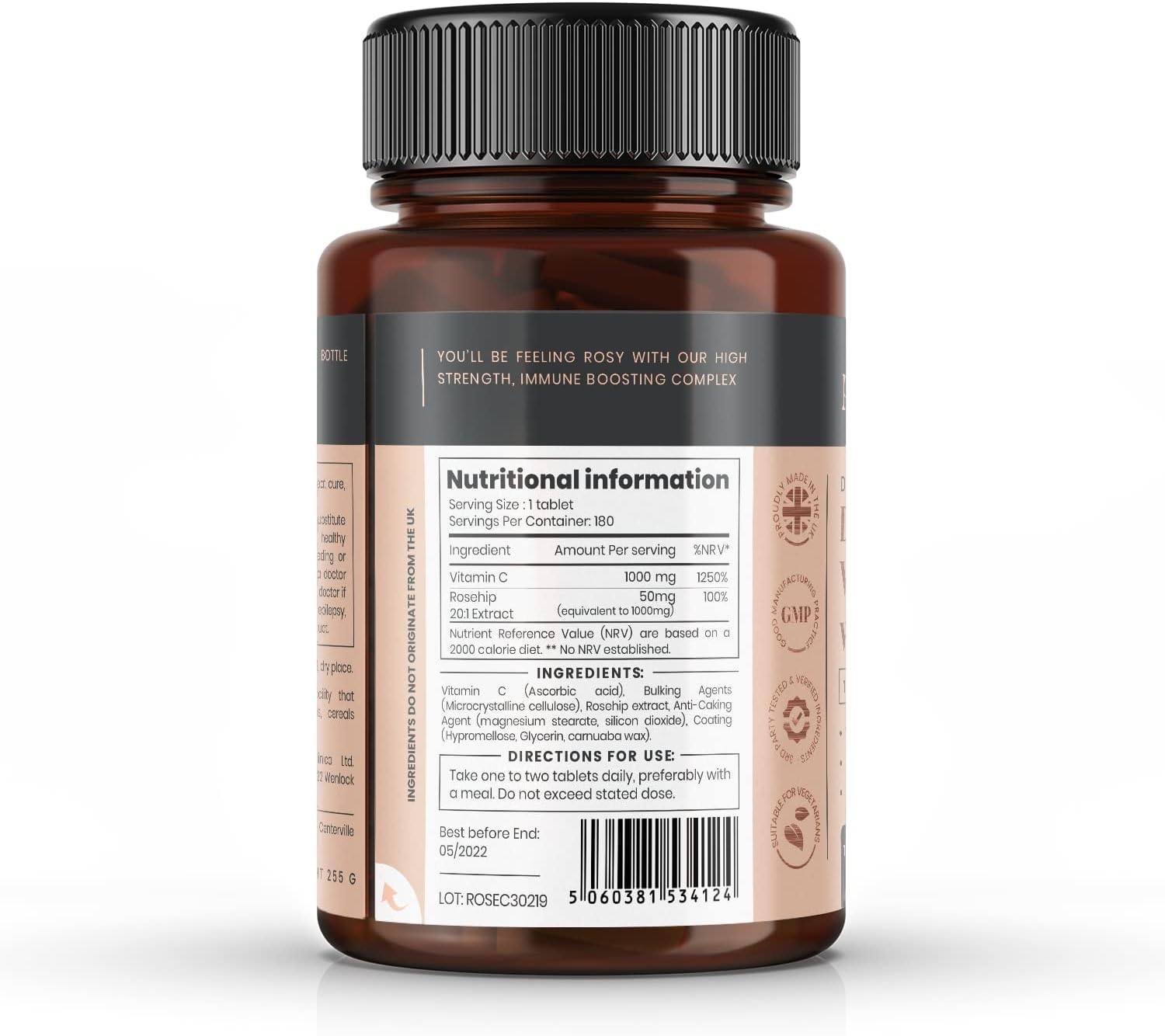 High Strength Vitamin C & Rosehip Tablets - 2000mg (1000mg VIT C & 1000mg Rosehip Extract) x 180 - 6 Month Supply