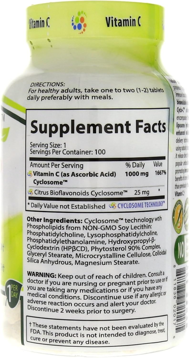 High Strength Vitamin C Supplement with Cyclo-C 1000mg | Enhanced with Bioflavonoids and Cyclodextrin | Liposomal Delivery for Maximum Absorption | Non-GMO, Gluten Free, Vegetarian | 200 Tablets