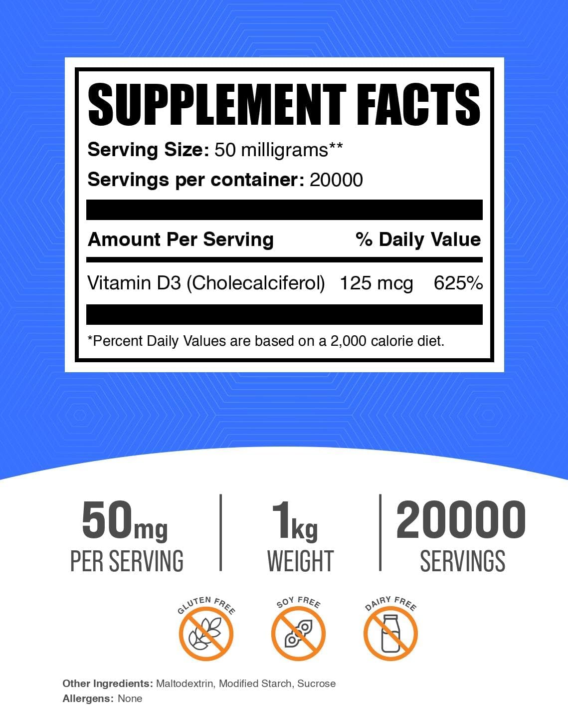 High Strength Vitamin D3 Powder - 5000 IU Cholecalciferol Supplement, Gluten Free, 1kg (2.2 lbs) - Bulk Size