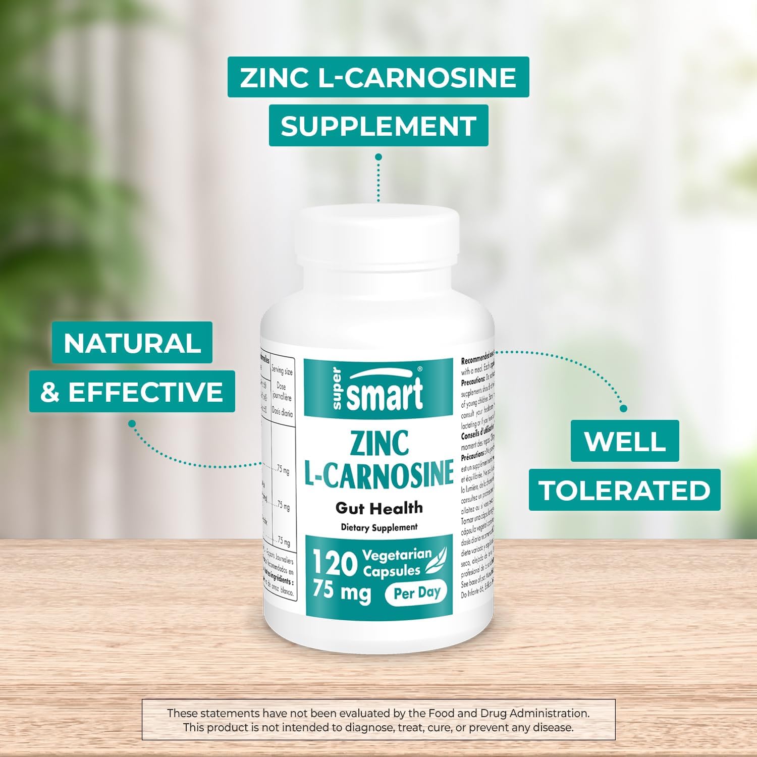 High Strength Zinc L-Carnosine 75mg Daily - Digestive Support Supplement | Non-GMO & Gluten-Free - 120 Veg Caps