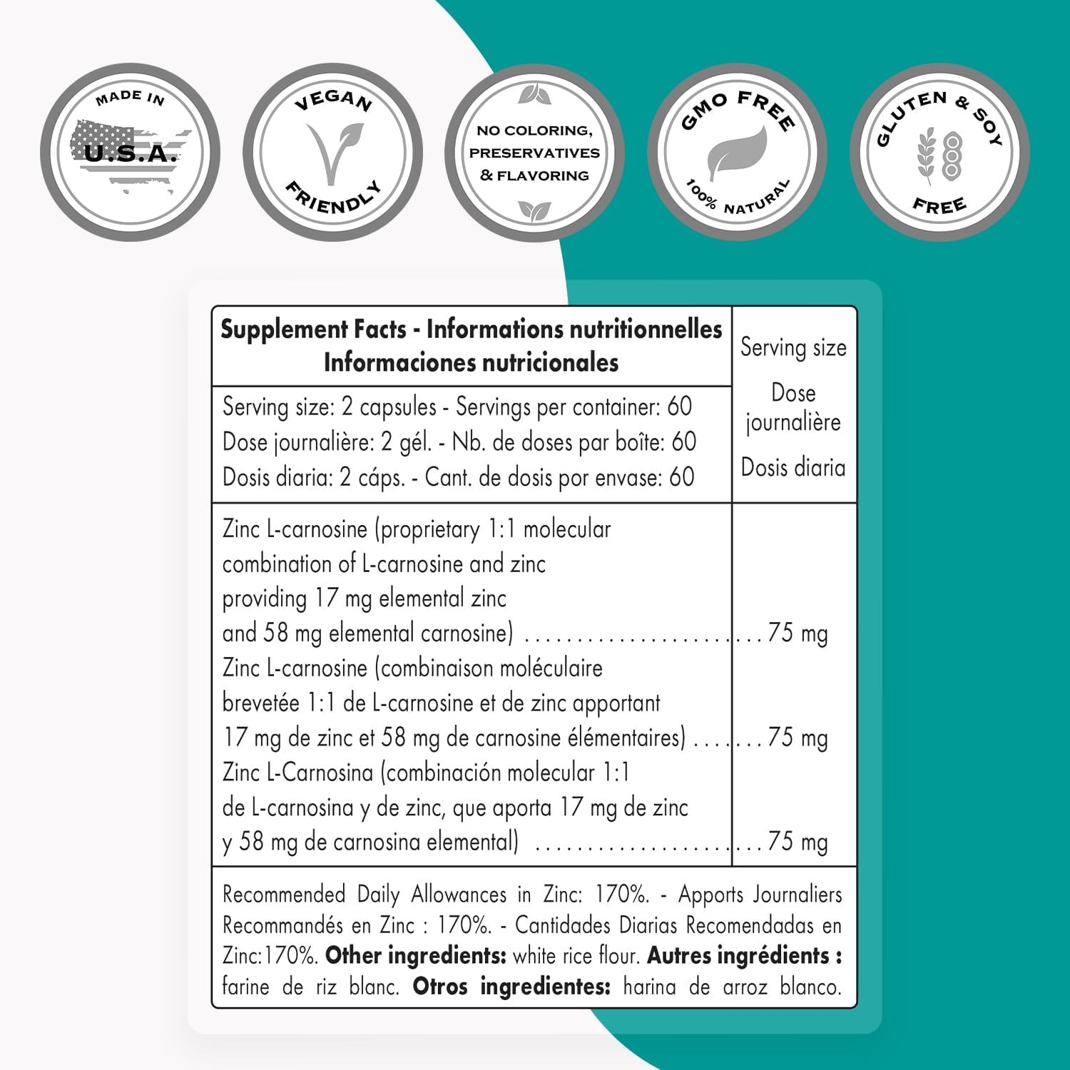 High Strength Zinc L-Carnosine 75mg Daily - Digestive Support Supplement | Non-GMO & Gluten-Free - 120 Veg Caps