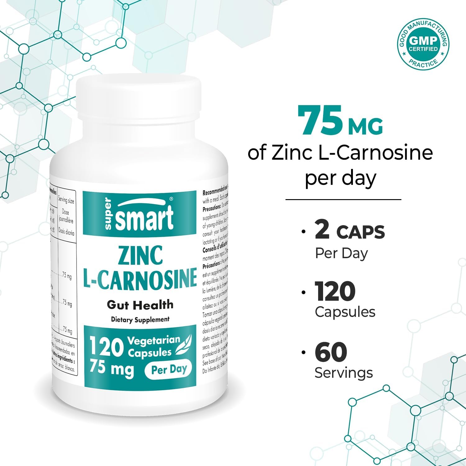 High Strength Zinc L-Carnosine 75mg Daily - Digestive Support Supplement | Non-GMO & Gluten-Free - 120 Veg Caps