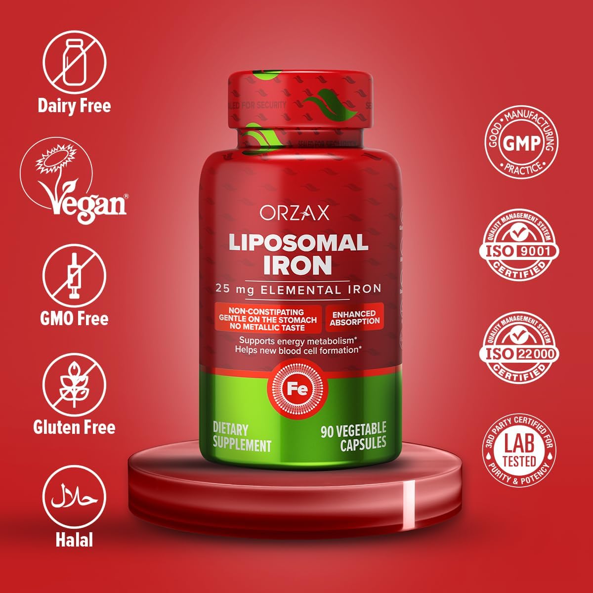 Highly Absorbable 25mg Iron Supplement with Liposomal Technology - 90 Vegetable Capsules for New Blood Cell Production - Non-Constipating, Non-GMO & Gluten Free - Ideal for Women, Men, Adults