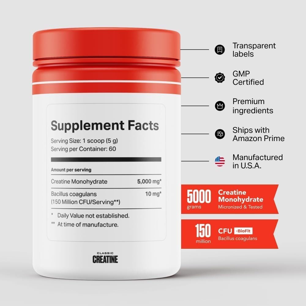 Highly Absorbable 5000mg Creatine Monohydrate Powder with BioFit™ for Muscle Growth, Strength, and Endurance - USA Made - 60 Servings for Men & Women