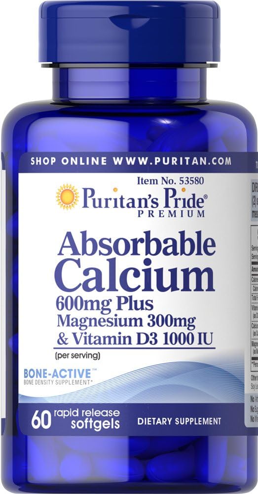 Highly Absorbable Calcium 600mg with Magnesium 300mg and Vitamin D 1000iu by Puritan's Pride