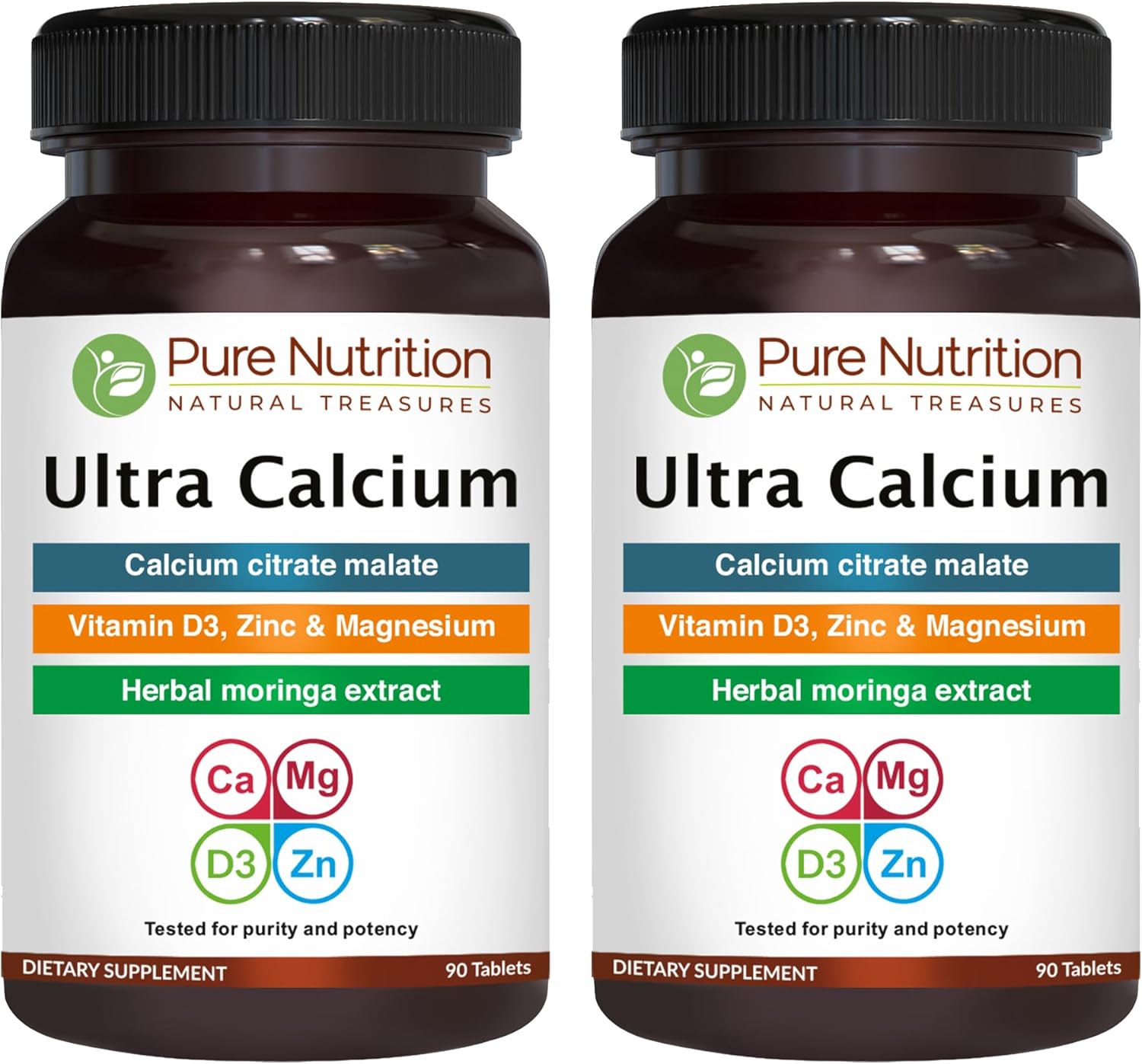 Highly Absorbable Calcium Supplement with Vitamin D3, Zinc, and Magnesium - Pure Nutrition Ultra Calcium Citrate Malate | 1000mg | Non-GMO | Gluten-Free | 90 Veg Tabs (Pack of 2)