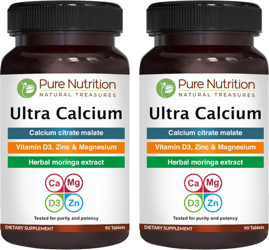 Highly Absorbable Calcium Supplement with Vitamin D3, Zinc, and Magnesium - Pure Nutrition Ultra Calcium Citrate Malate | 1000mg | Non-GMO | Gluten-Free | 90 Veg Tabs (Pack of 2)
