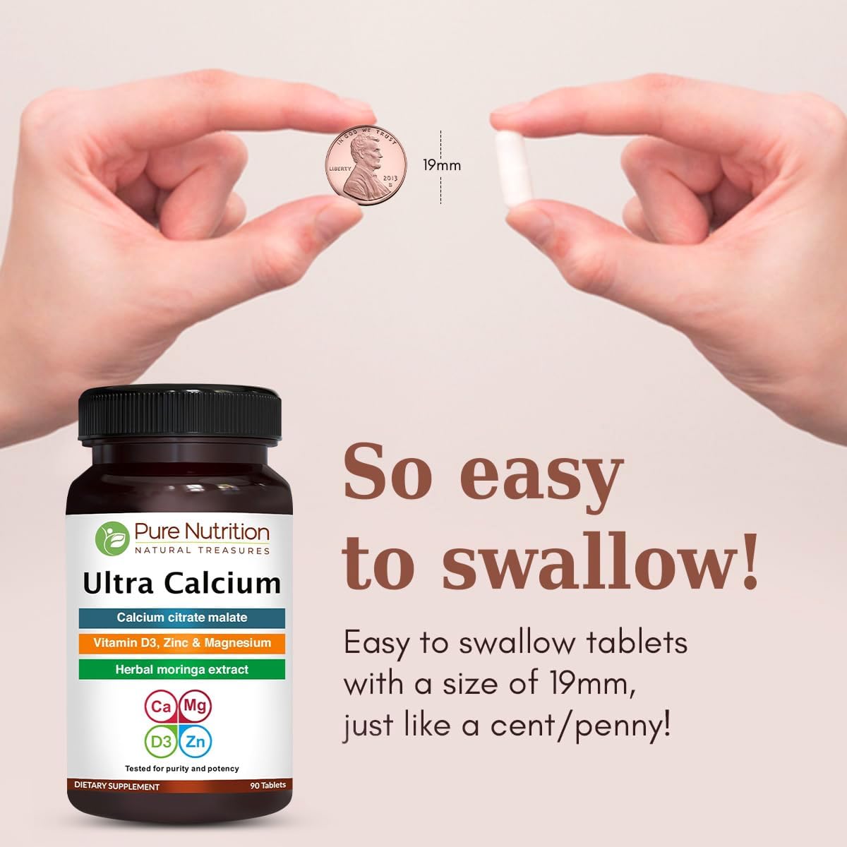Highly Absorbable Calcium Supplement with Vitamin D3, Zinc, and Magnesium - Pure Nutrition Ultra Calcium Citrate Malate | 1000mg | Non-GMO | Gluten-Free | 90 Veg Tabs (Pack of 2)