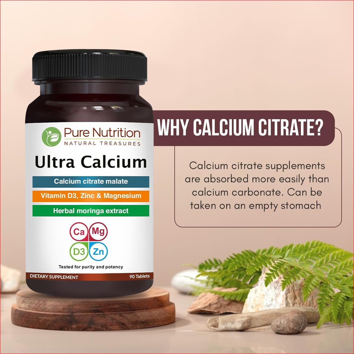 Highly Absorbable Calcium Supplement with Vitamin D3, Zinc, and Magnesium - Pure Nutrition Ultra Calcium Citrate Malate | 1000mg | Non-GMO | Gluten-Free | 90 Veg Tabs (Pack of 2)