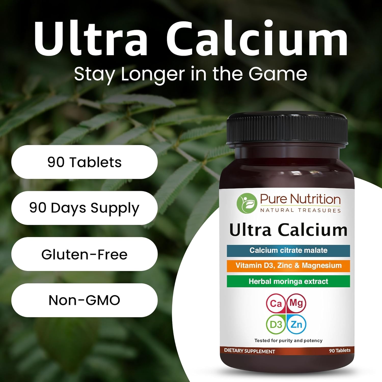 Highly Absorbable Calcium Supplement with Vitamin D3, Zinc, and Magnesium - Pure Nutrition Ultra Calcium Citrate Malate | 1000mg | Non-GMO | Gluten-Free | 90 Veg Tabs (Pack of 2)