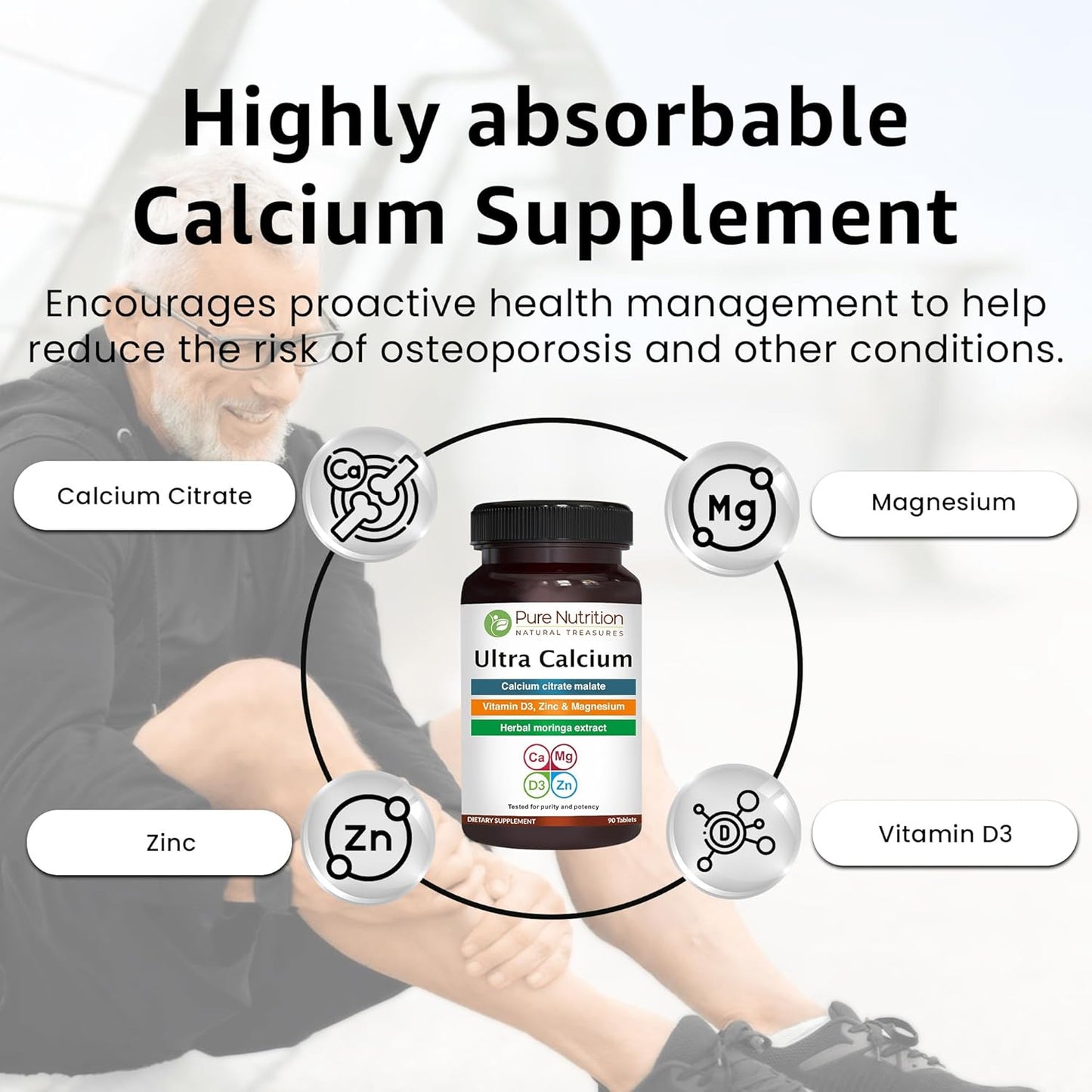 Highly Absorbable Calcium Supplement with Vitamin D3, Zinc, and Magnesium - Pure Nutrition Ultra Calcium Citrate Malate | 1000mg | Non-GMO | Gluten-Free | 90 Veg Tabs (Pack of 2)
