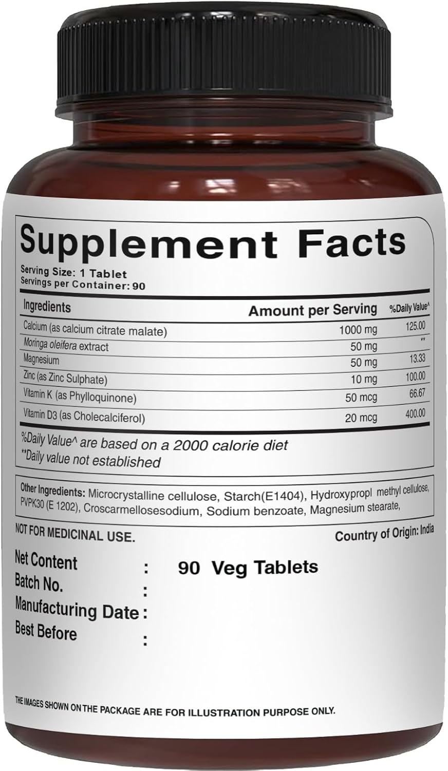 Highly Absorbable Calcium Supplement with Vitamin D3, Zinc, and Magnesium - Pure Nutrition Ultra Calcium Citrate Malate | 1000mg | Non-GMO | Gluten-Free | 90 Veg Tabs (Pack of 2)