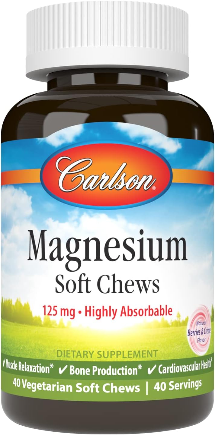 Highly Absorbable Carlson Magnesium Soft Chews - Berries & Creme Flavor - 40 Vegetarian Soft Chews for Muscle Relaxation & Overall Health