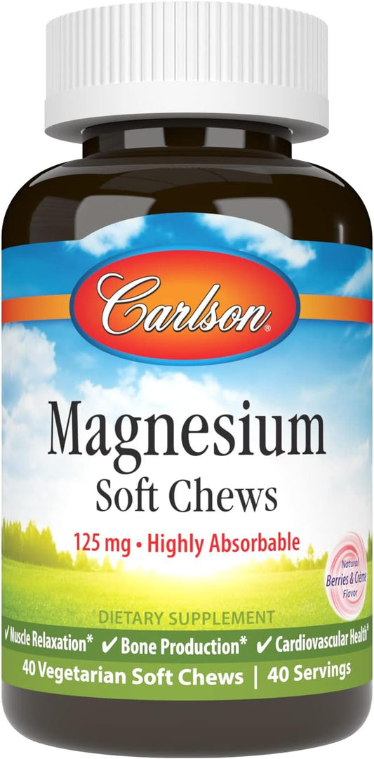 Highly Absorbable Carlson Magnesium Soft Chews - Berries & Creme Flavor - 40 Vegetarian Soft Chews for Muscle Relaxation & Overall Health