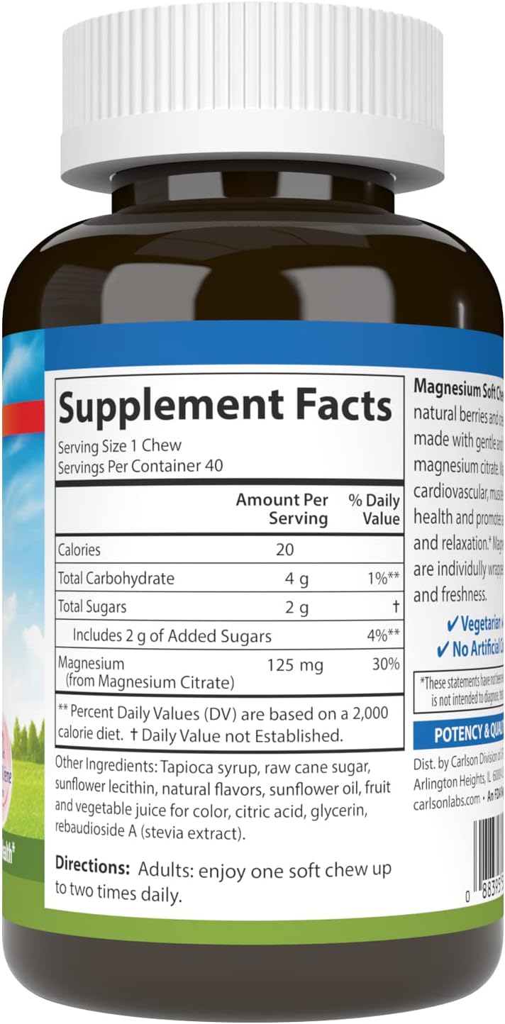 Highly Absorbable Carlson Magnesium Soft Chews - Berries & Creme Flavor - 40 Vegetarian Soft Chews for Muscle Relaxation & Overall Health