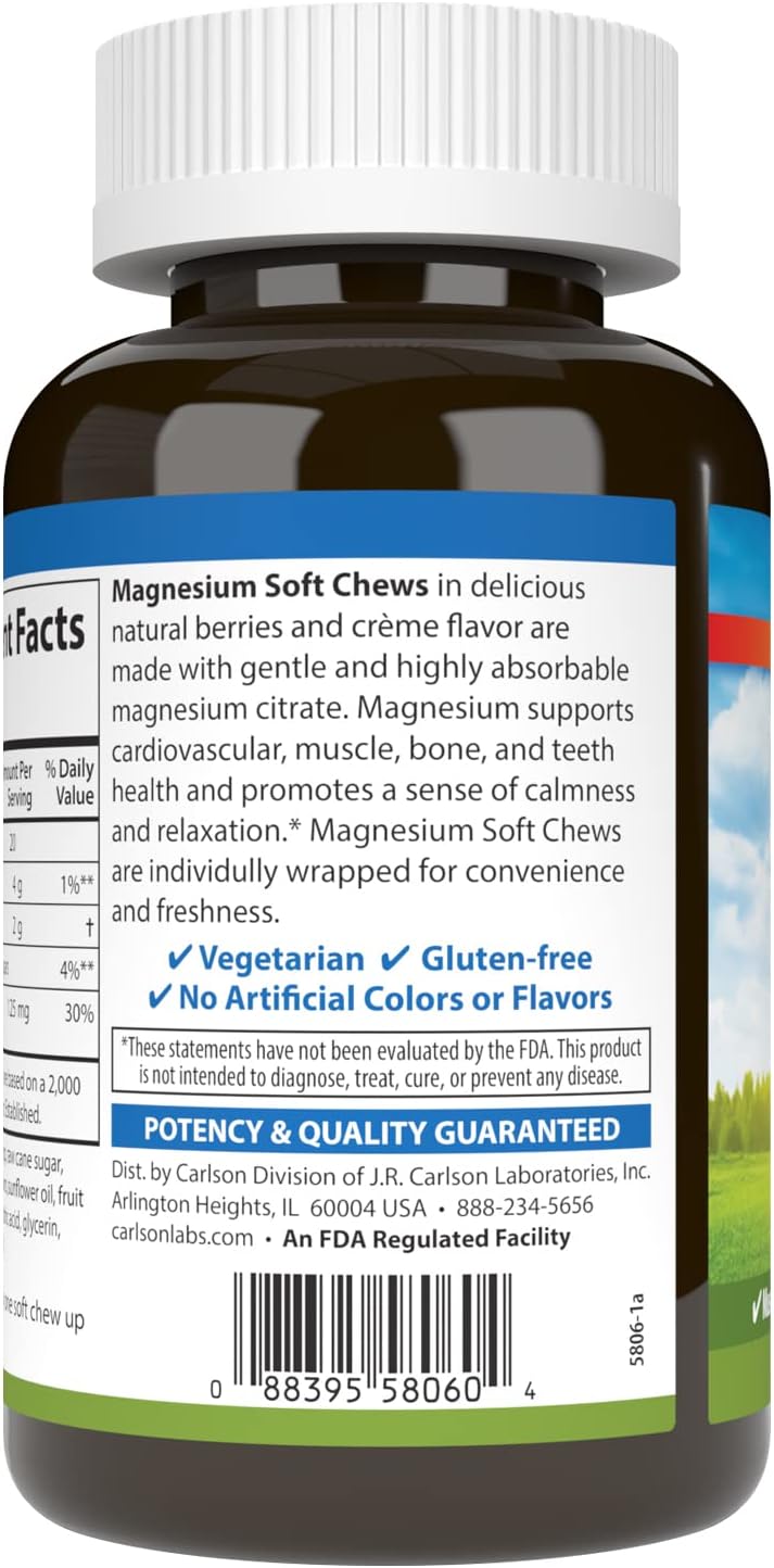 Highly Absorbable Carlson Magnesium Soft Chews - Berries & Creme Flavor - 40 Vegetarian Soft Chews for Muscle Relaxation & Overall Health