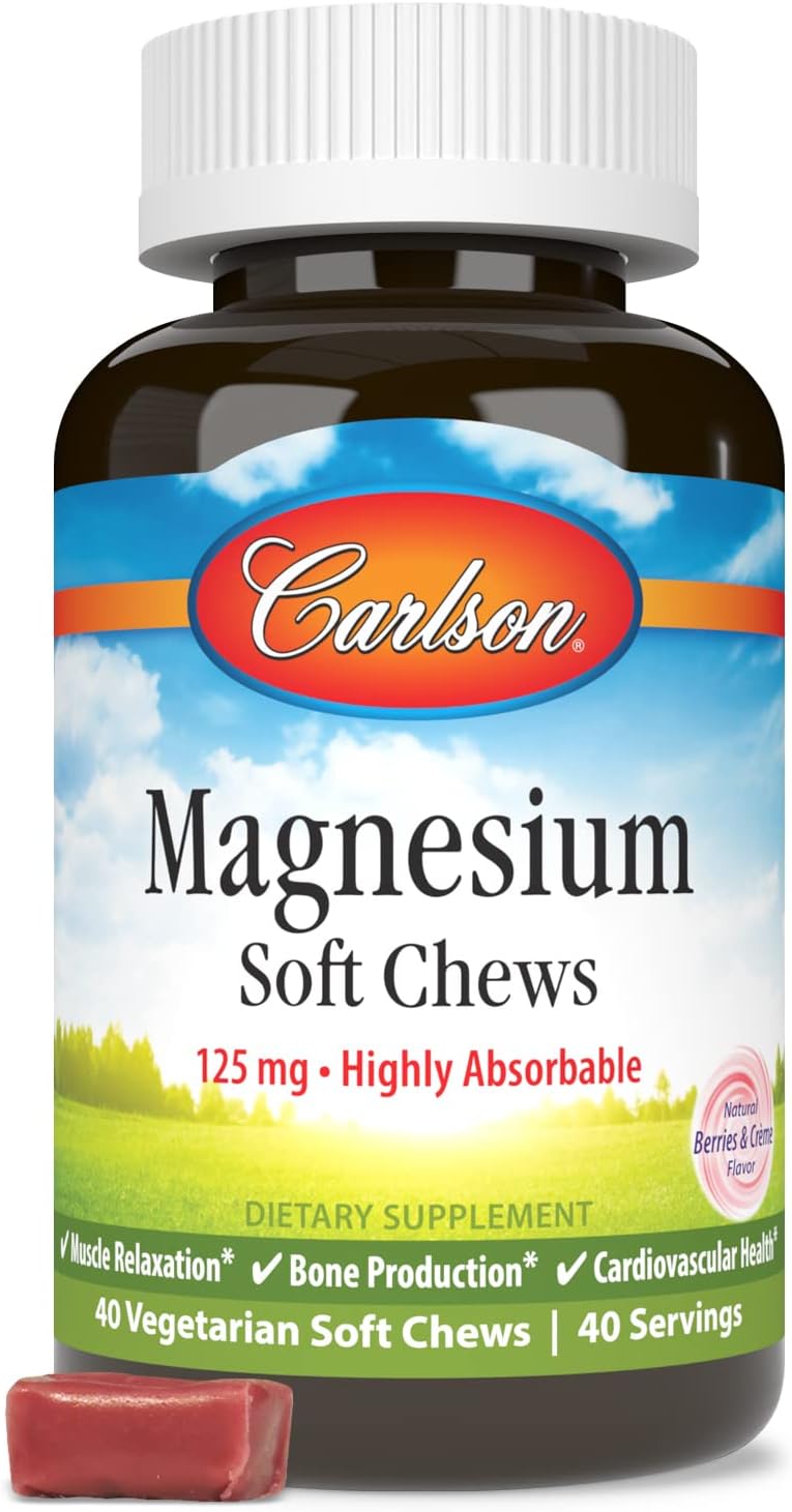 Highly Absorbable Carlson Magnesium Soft Chews - Berries & Creme Flavor - 40 Vegetarian Soft Chews for Muscle Relaxation & Overall Health