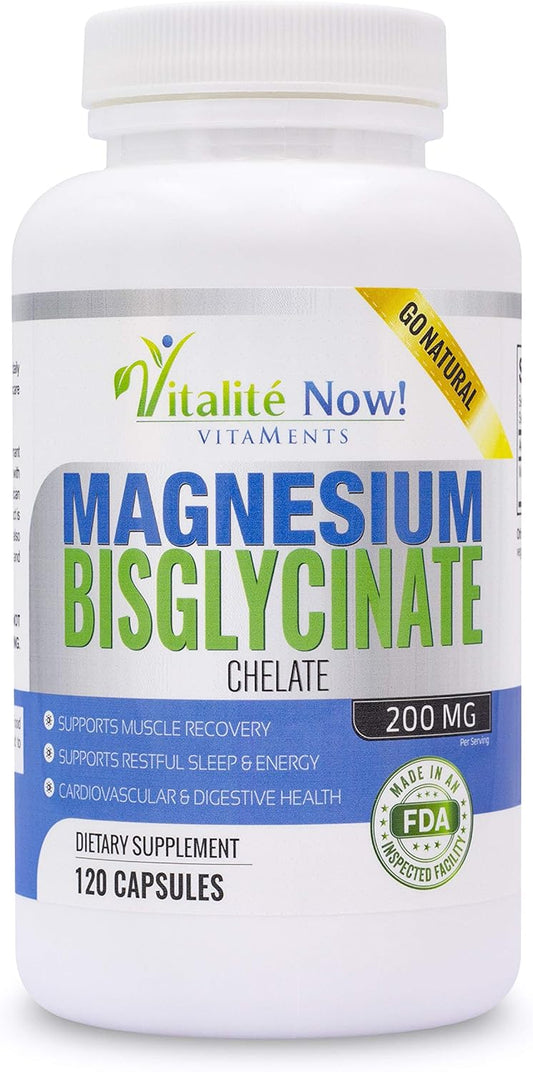 Highly Absorbable Magnesium Bisglycinate 200mg - 100% Chelated for Maximum Bioavailability - Non-Laxative Formula for Sleep, Energy, Cramps - Non-GMO - Vitalité Now!