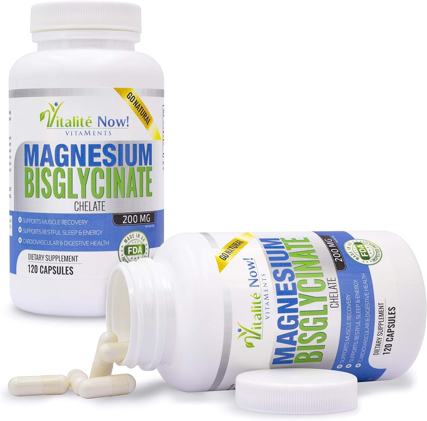 Highly Absorbable Magnesium Bisglycinate 200mg - 100% Chelated for Maximum Bioavailability - Non-Laxative Formula for Sleep, Energy, Cramps - Non-GMO - Vitalité Now!