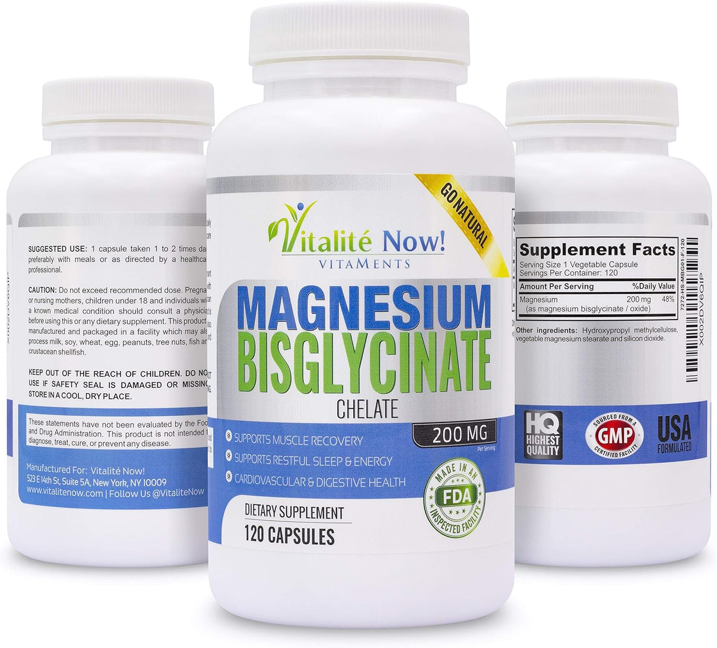 Highly Absorbable Magnesium Bisglycinate 200mg - 100% Chelated for Maximum Bioavailability - Non-Laxative Formula for Sleep, Energy, Cramps - Non-GMO - Vitalité Now!