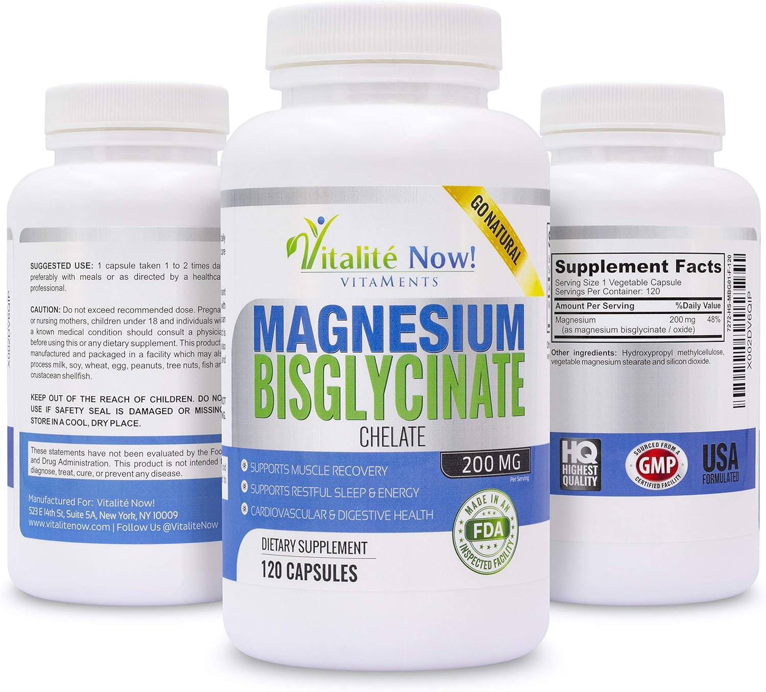 Highly Absorbable Magnesium Bisglycinate 200mg - 100% Chelated for Maximum Bioavailability - Non-Laxative Formula for Sleep, Energy, Cramps - Non-GMO - Vitalité Now!