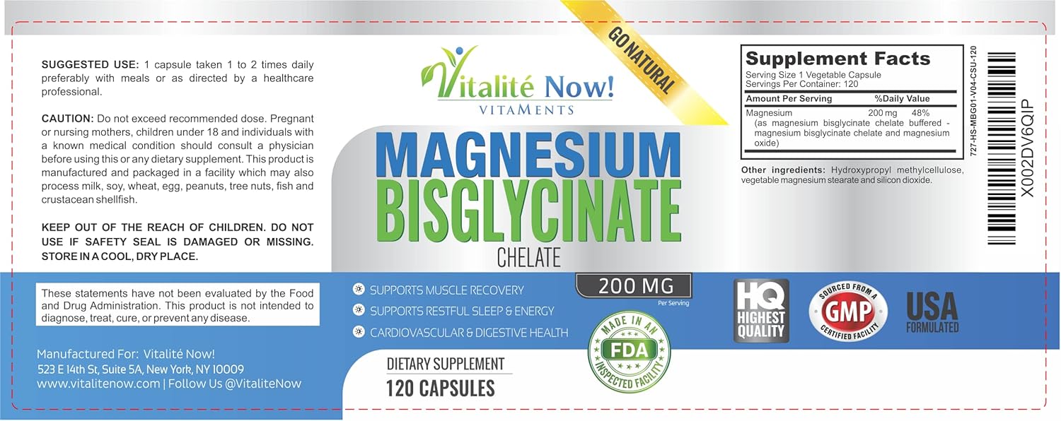 Highly Absorbable Magnesium Bisglycinate 200mg - 100% Chelated for Maximum Bioavailability - Non-Laxative Formula for Sleep, Energy, Cramps - Non-GMO - Vitalité Now!