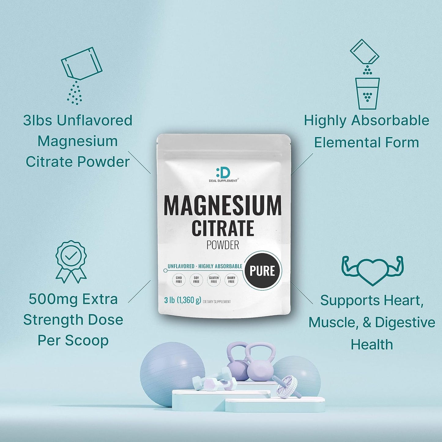 Highly Absorbable Magnesium Citrate Powder 500mg - 3lbs | Unflavored & Pure Mineral Supplement for Heart, Muscle, & Digestive Health | Non-GMO & Filler-Free - One Daily Dose