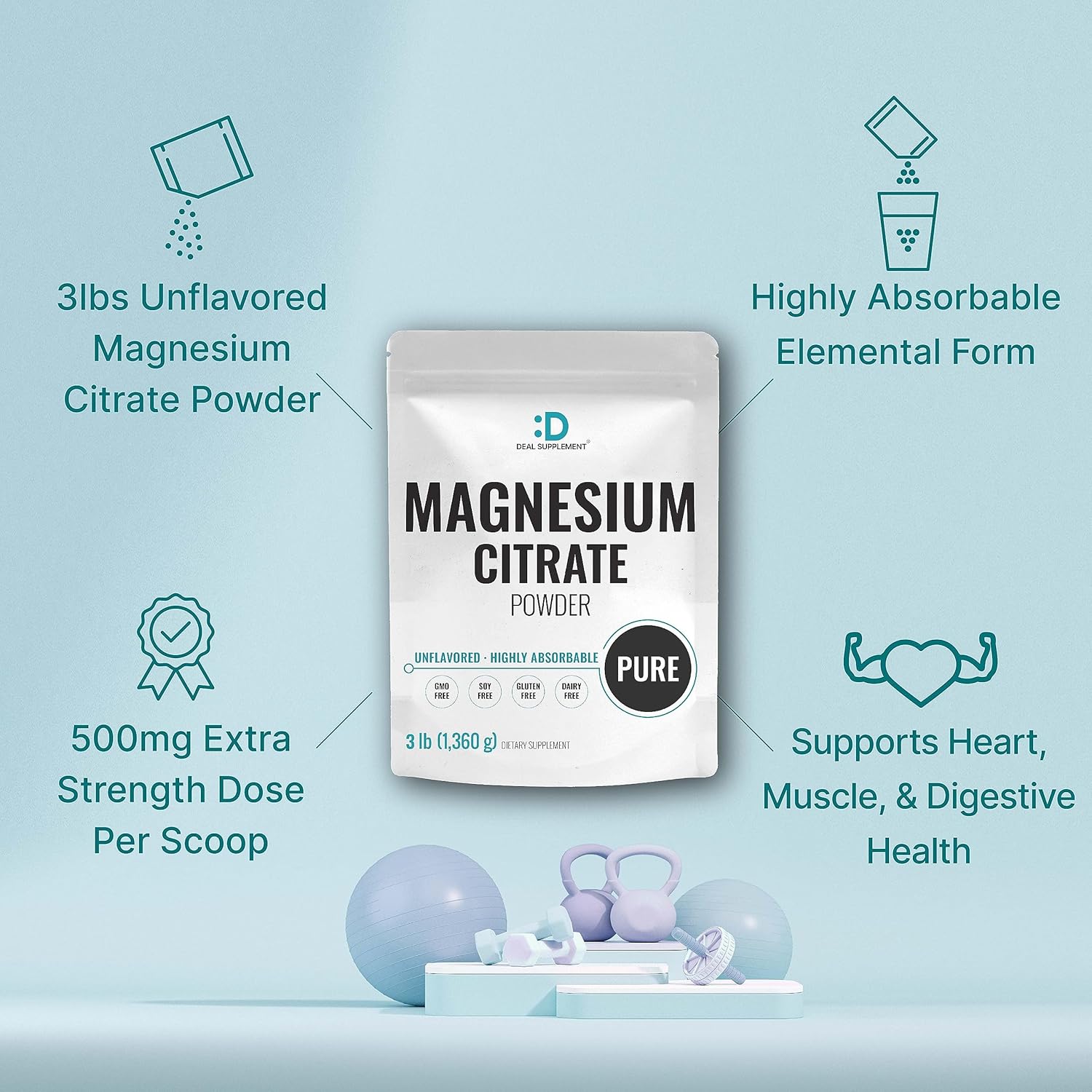 Highly Absorbable Magnesium Citrate Powder 500mg - 3lbs | Unflavored & Pure Mineral Supplement for Heart, Muscle, & Digestive Health | Non-GMO & Filler-Free - One Daily Dose
