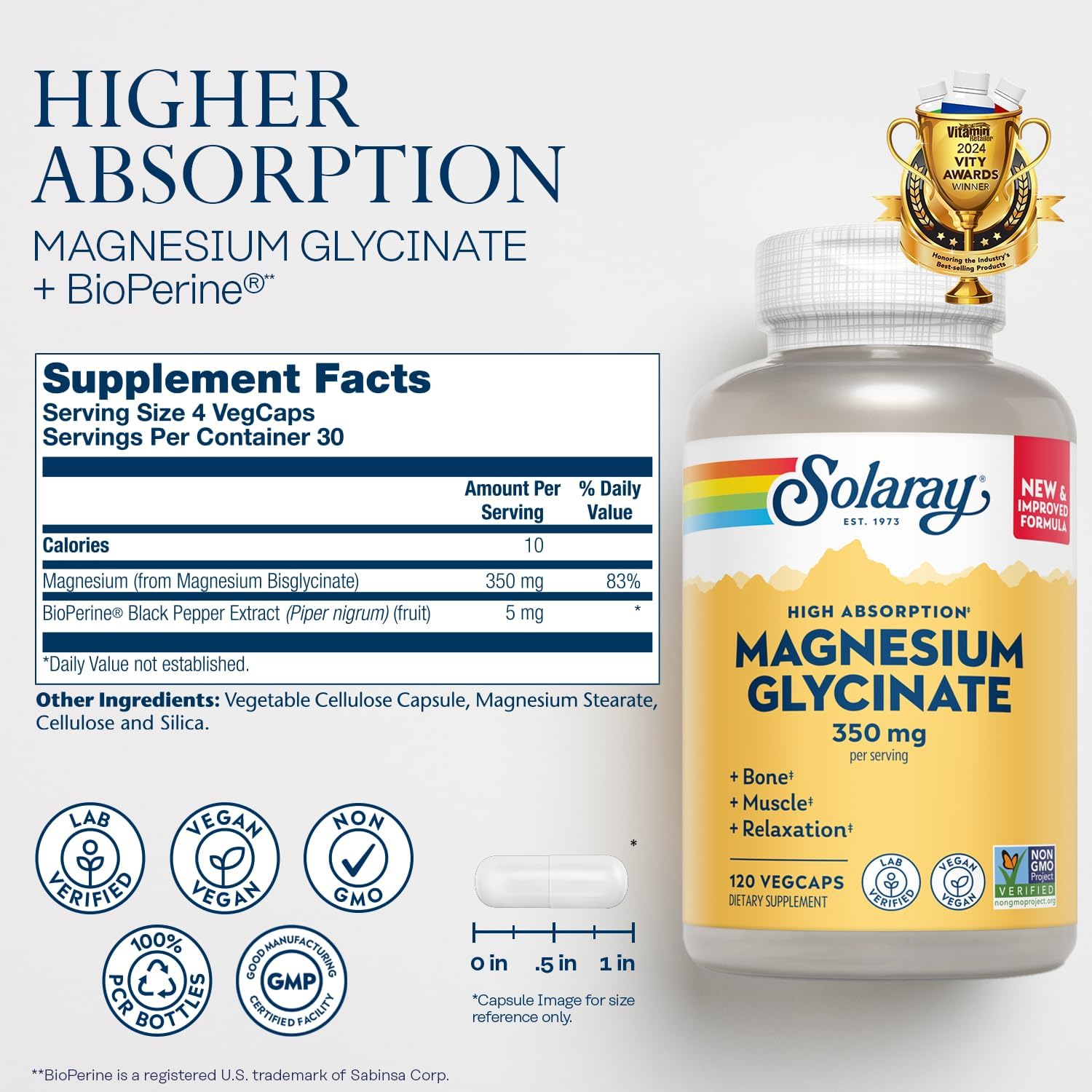 Highly Absorbable Magnesium Glycinate Capsules with BioPerine for Bone, Muscle, and Heart Health - Vegan Supplement, 275 Count