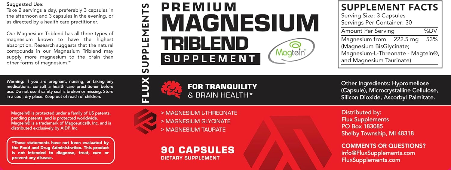 Highly Absorbable Magnesium Triblend with Magtein L-Threonate, Glycinate, and Taurate for Memory, Sleep, Vascular Health, and Recovery - Chelated Complex with High Bioavailability