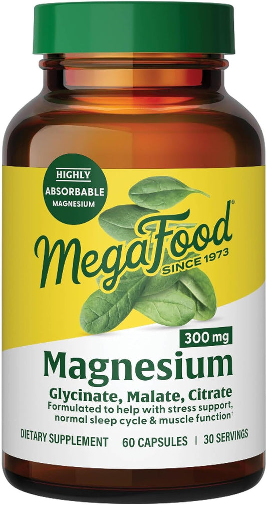 Highly Absorbable MegaFood Magnesium 300mg Capsules - Supports Heart, Nerve Health & Relaxation - Blend of Magnesium Glycinate, Citrate, Malate - 60 Caps (30 Servings)