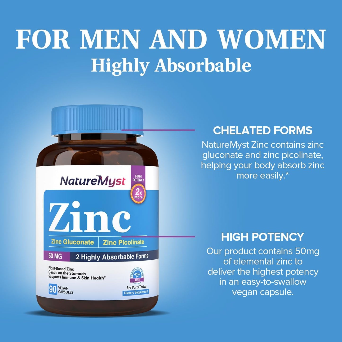Highly Absorbable NatureMyst Zinc Supplement with 50mg Elemental Zinc for Immune, Cell, and Skin Health - 90 Vegan Capsules