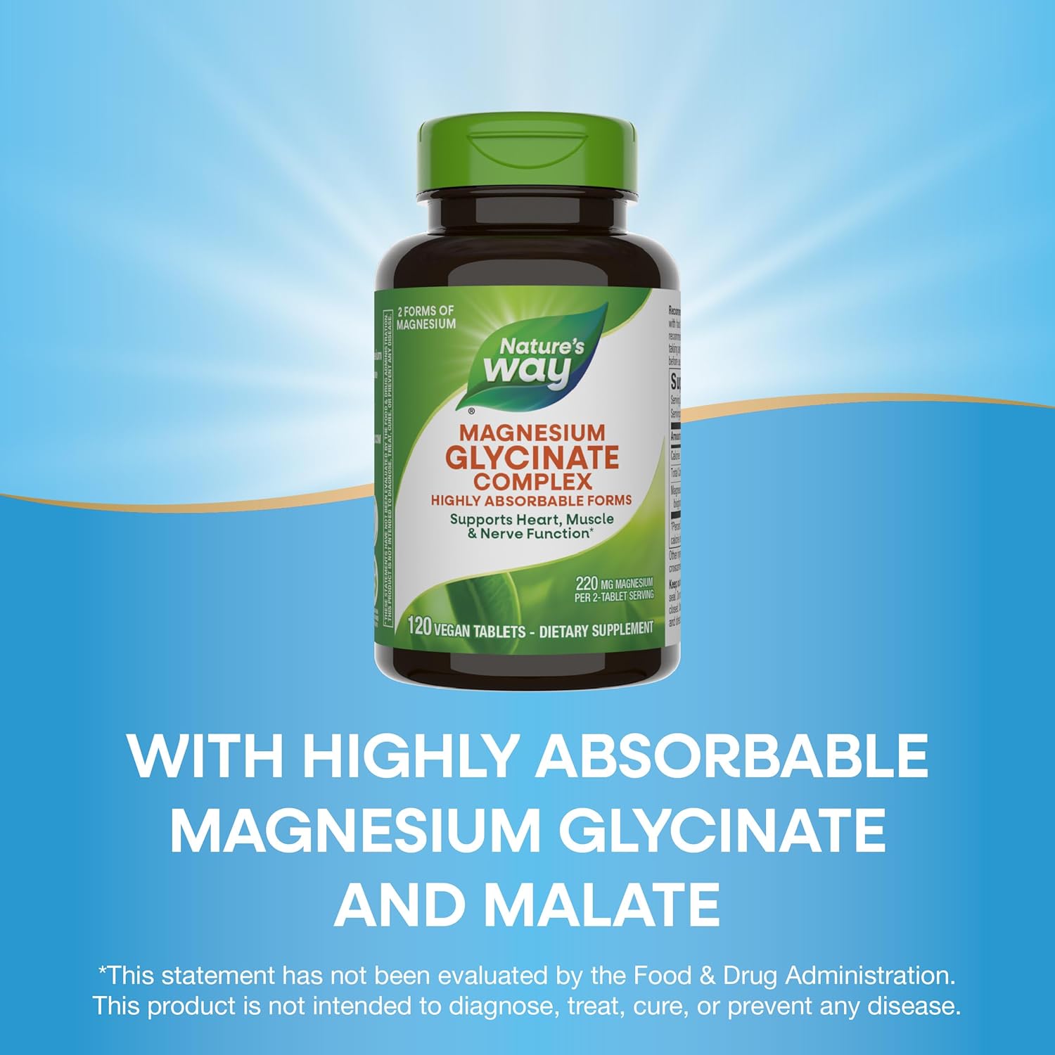 Highly Absorbable Nature's Way Magnesium Glycinate Complex for Heart, Muscle, Nerve Function - 120 Tablets