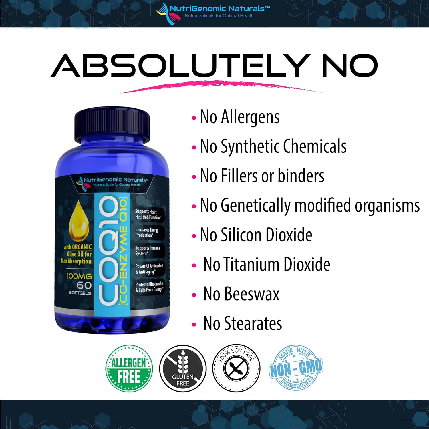 Highly Absorbable NutriGenomic Naturals CoQ10 Softgels with Organic Olive Oil - 100mg Ubiquinone & Ubiquinol for Heart Health & Energy Boost - 60 Count