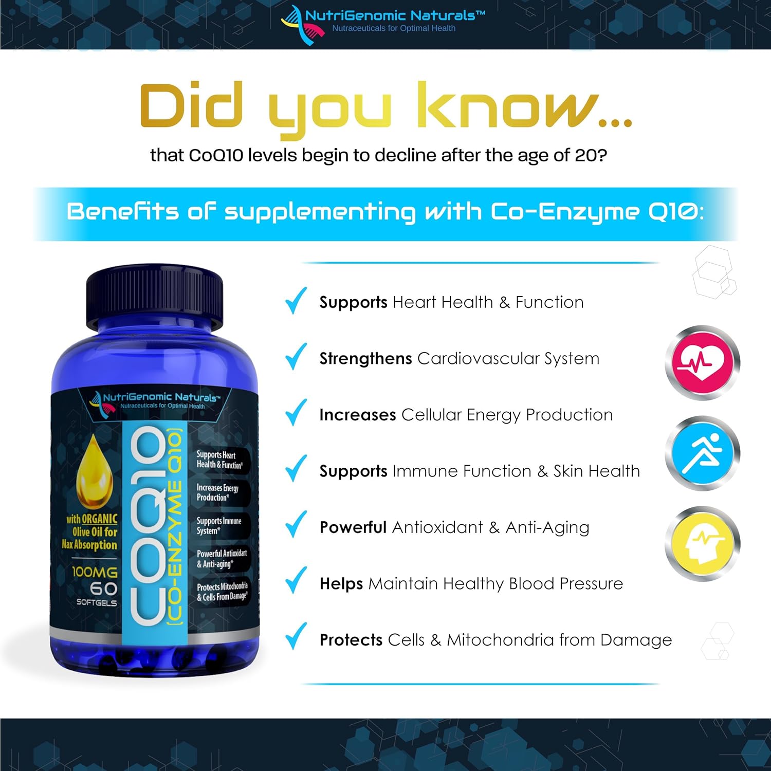 Highly Absorbable NutriGenomic Naturals CoQ10 Softgels with Organic Olive Oil - 100mg Ubiquinone & Ubiquinol for Heart Health & Energy Boost - 60 Count