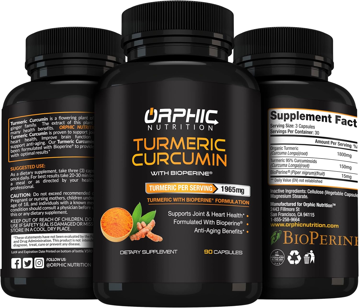 Highly Absorbable Turmeric Curcumin with Bioperine for Joint Health - Maximum Strength Formula with Black Pepper Extract - 1965MG - 90 Capsules