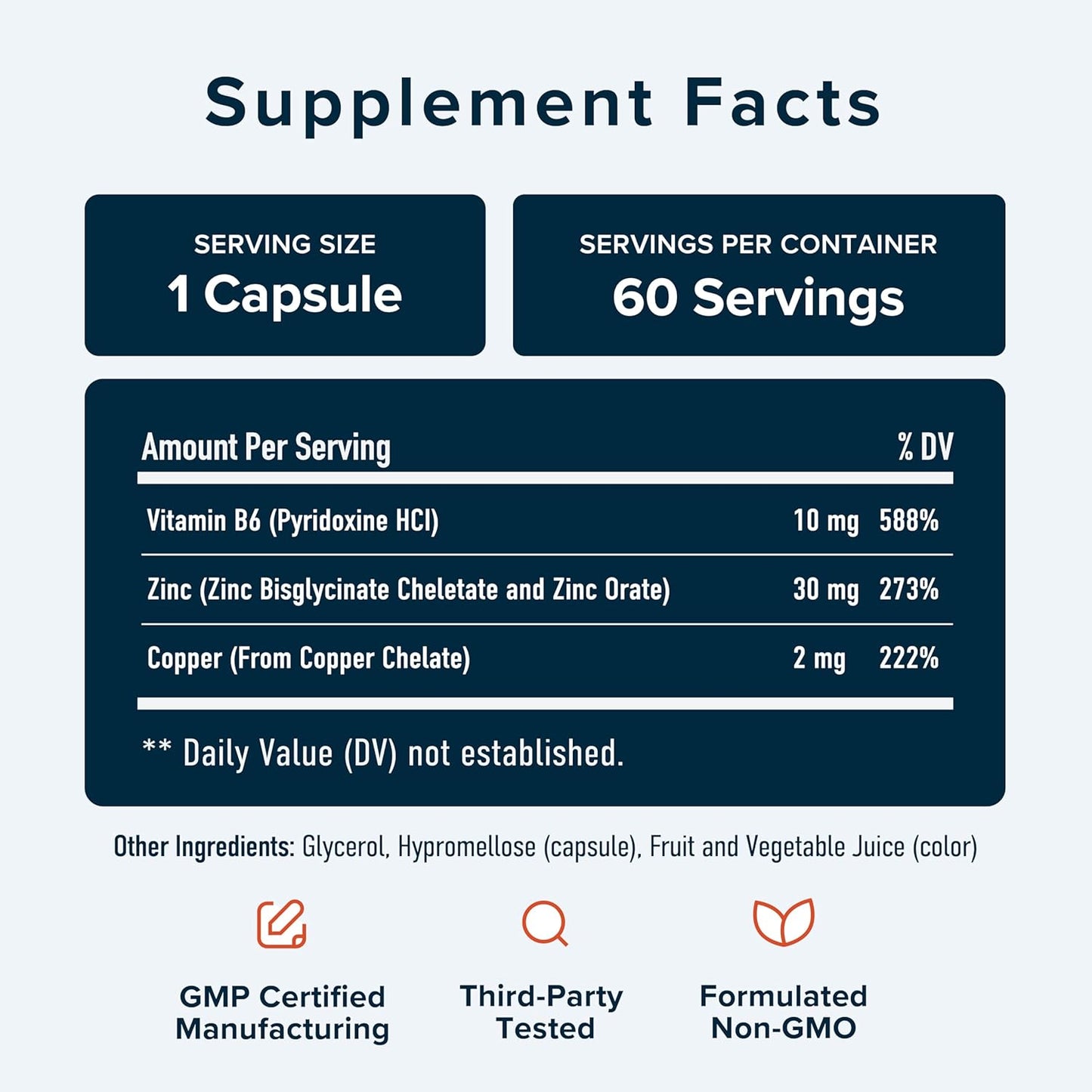 Highly Absorbable Zinc Bisglycinate Supplement for Immune & Acne Support | With Chelated Copper & Vitamin B6 | Vegan, Gluten-Free | 60 Capsules