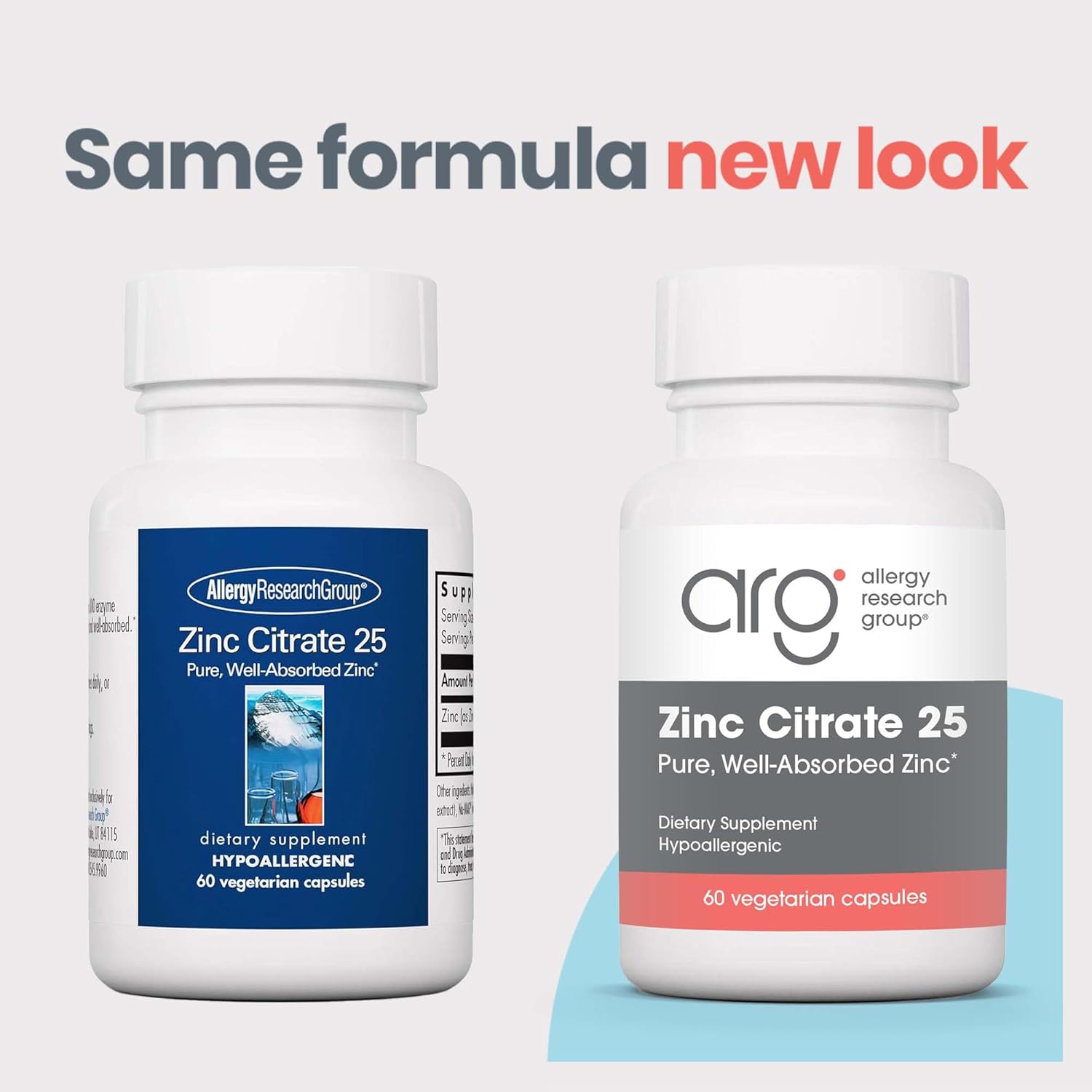 Highly Absorbable Zinc Citrate Supplement - 25mg Pure Zinc Capsules for Immune Support, Men & Women, Allergy Research Group, Vegetarian - 60 Count