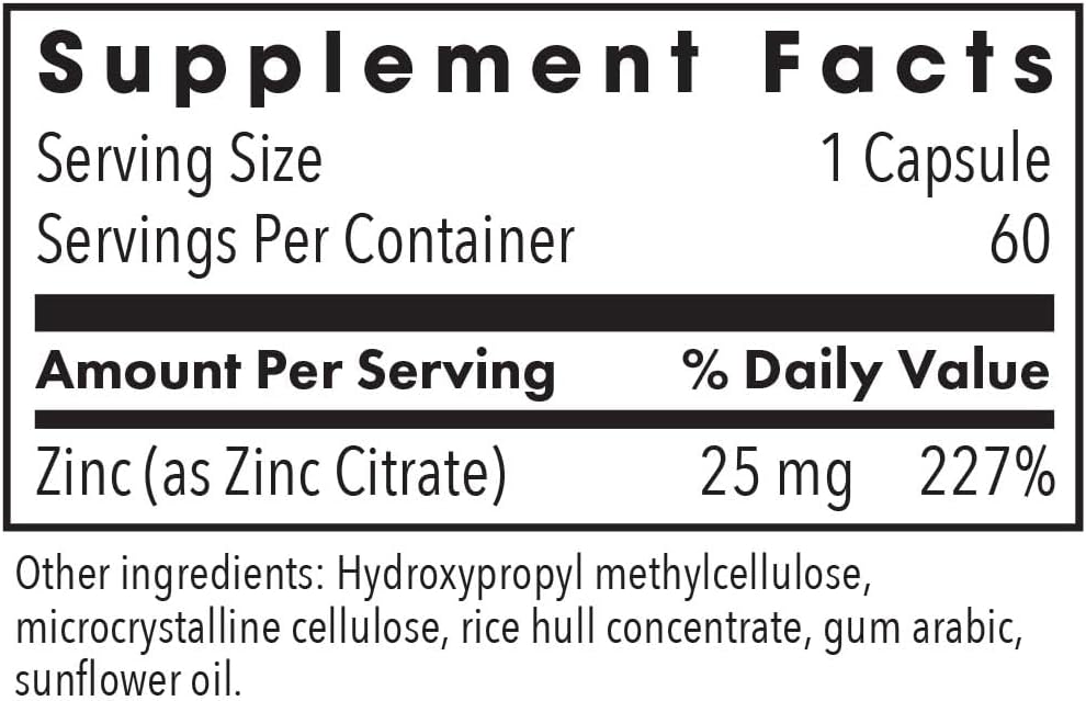 Highly Absorbable Zinc Citrate Supplement - 25mg Pure Zinc Capsules for Immune Support, Men & Women, Allergy Research Group, Vegetarian - 60 Count
