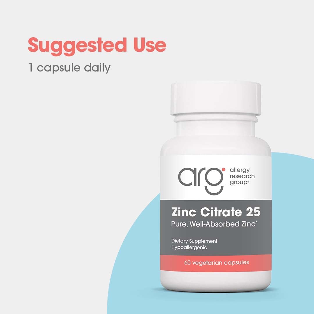 Highly Absorbable Zinc Citrate Supplement - 25mg Pure Zinc Capsules for Immune Support, Men & Women, Allergy Research Group, Vegetarian - 60 Count